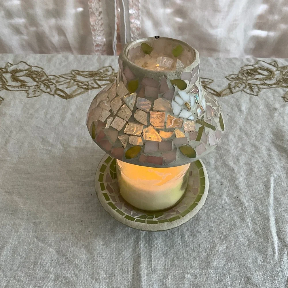 Yankee Candle Mosaic Glass Shade Tray Pink Green Iridescent Floral Fairy Lamp